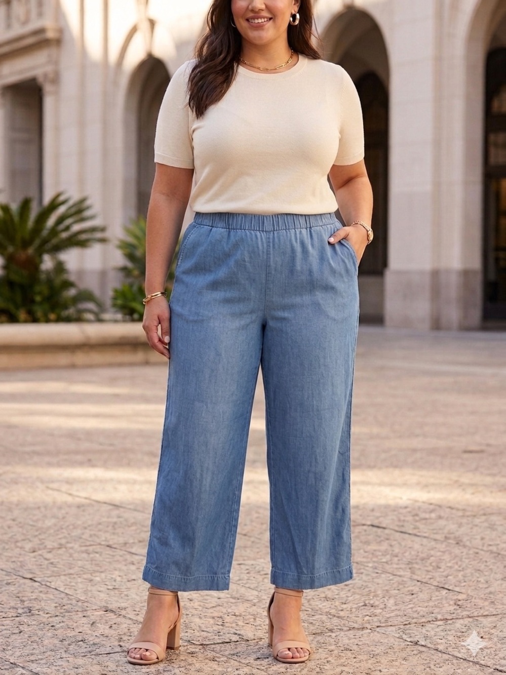 Michael Kors Light Blue Elastic Waist Linen-Blend Ankle Pants